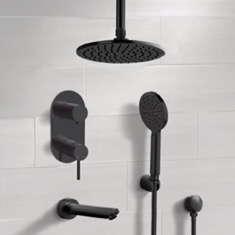 Black Tub and Shower Faucet Set with Handheld and Ceiling Shower Head